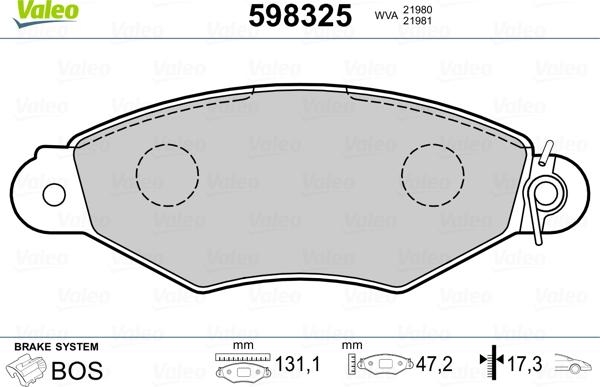 Valeo 598325 - Комплект спирачно феродо, дискови спирачки vvparts.bg