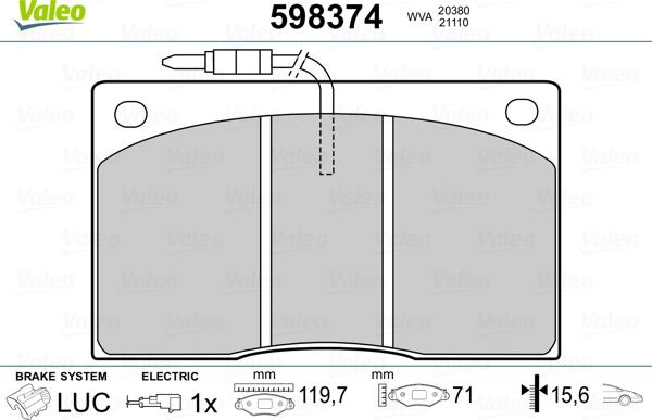 Valeo 598374 - Комплект спирачно феродо, дискови спирачки vvparts.bg