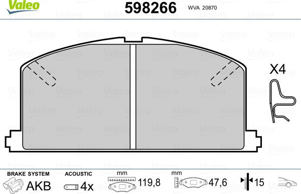 Valeo 598266 - Комплект спирачно феродо, дискови спирачки vvparts.bg