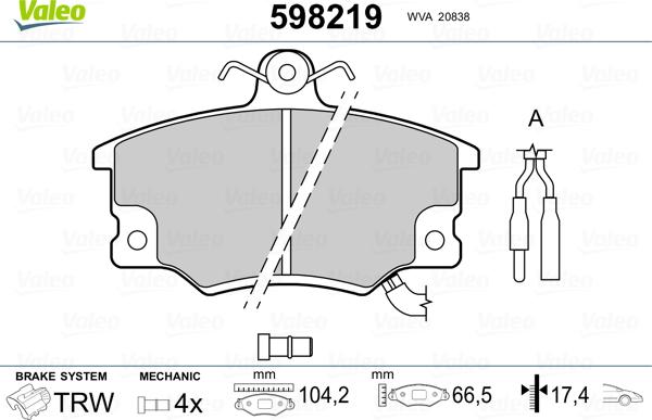 Valeo 598219 - Комплект спирачно феродо, дискови спирачки vvparts.bg