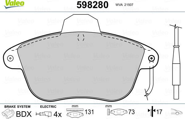 Valeo 598280 - Комплект спирачно феродо, дискови спирачки vvparts.bg