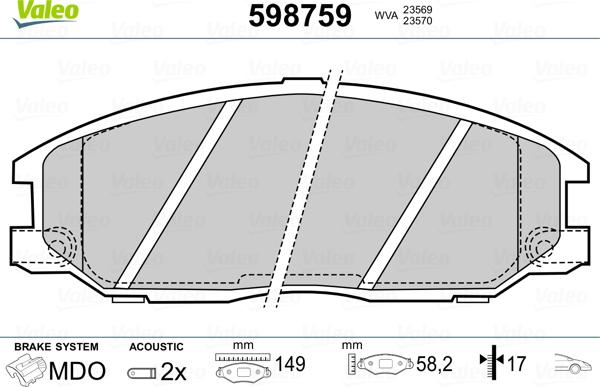 Valeo 598759 - Комплект спирачно феродо, дискови спирачки vvparts.bg