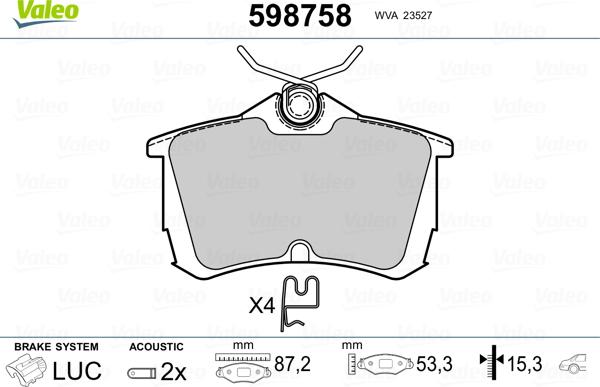 Valeo 598758 - Комплект спирачно феродо, дискови спирачки vvparts.bg