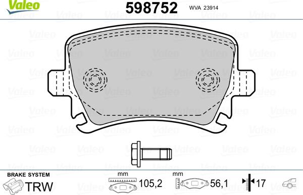 Valeo 598752 - Комплект спирачно феродо, дискови спирачки vvparts.bg