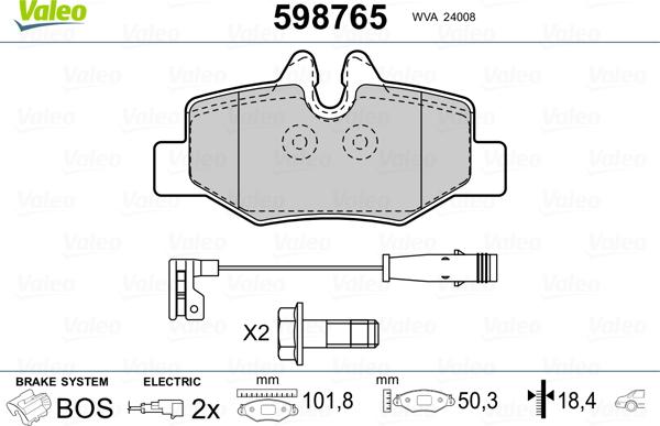 Valeo 598765 - Комплект спирачно феродо, дискови спирачки vvparts.bg