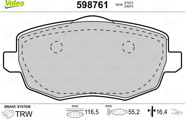 Valeo 598761 - Комплект спирачно феродо, дискови спирачки vvparts.bg