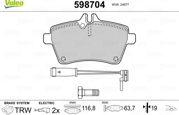 Valeo 598704 - Комплект спирачно феродо, дискови спирачки vvparts.bg