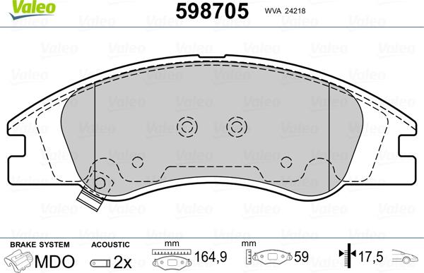 Valeo 598705 - Комплект спирачно феродо, дискови спирачки vvparts.bg