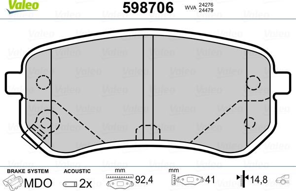 Valeo 598706 - Комплект спирачно феродо, дискови спирачки vvparts.bg