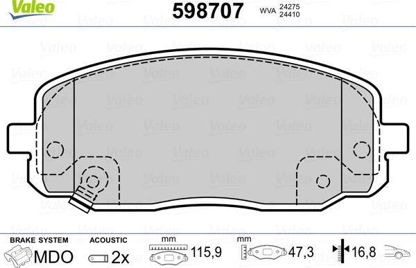 Valeo 598707 - Комплект спирачно феродо, дискови спирачки vvparts.bg