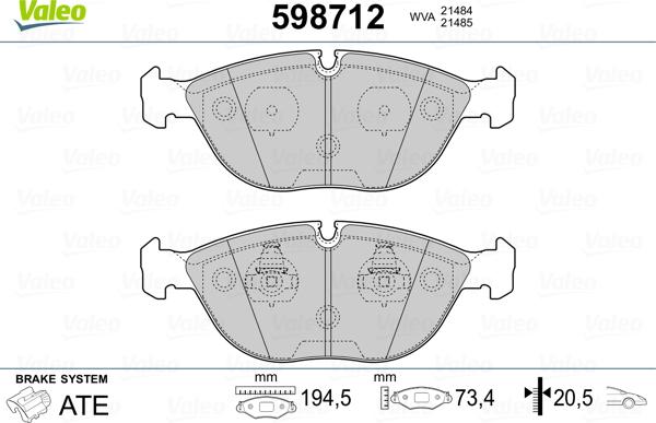 Valeo 598712 - Комплект спирачно феродо, дискови спирачки vvparts.bg