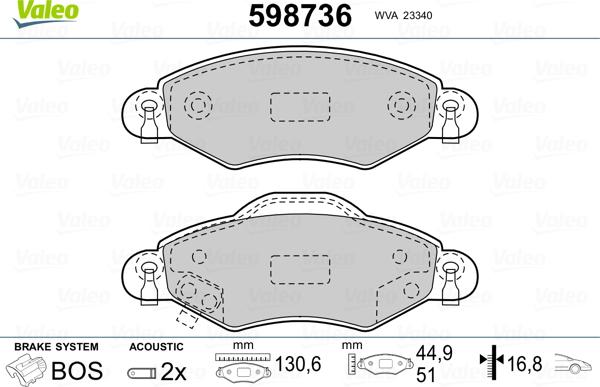 Valeo 598736 - Комплект спирачно феродо, дискови спирачки vvparts.bg