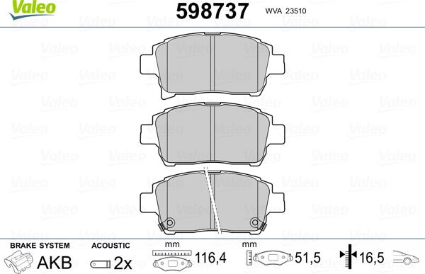 Valeo 598737 - Комплект спирачно феродо, дискови спирачки vvparts.bg