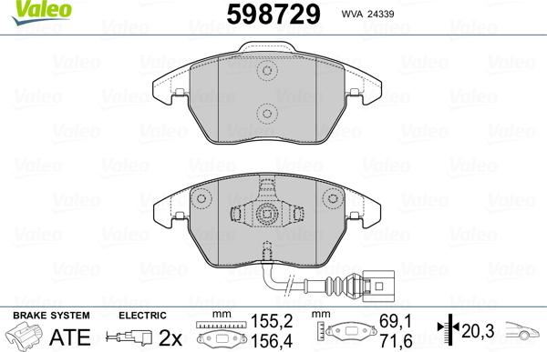 Valeo 598729 - Комплект спирачно феродо, дискови спирачки vvparts.bg