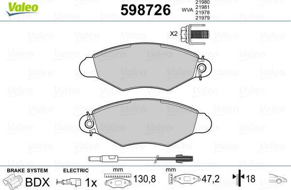 Valeo 598726 - Комплект спирачно феродо, дискови спирачки vvparts.bg