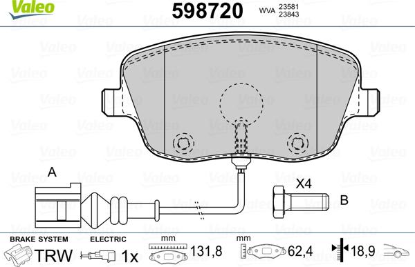 Valeo 598720 - Комплект спирачно феродо, дискови спирачки vvparts.bg