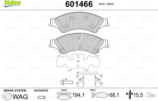 Valeo 601466 - Комплект спирачно феродо, дискови спирачки vvparts.bg