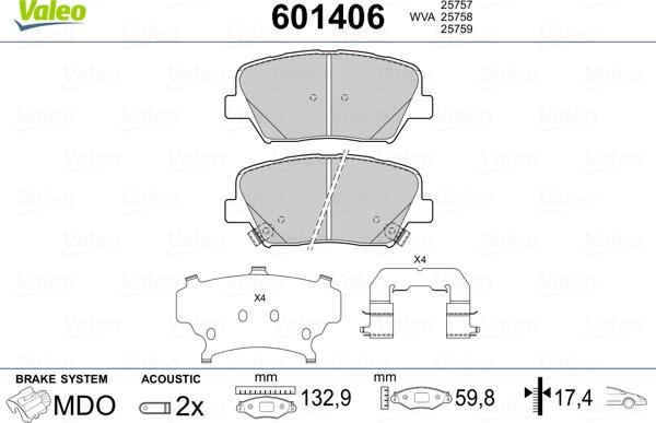 Valeo 601406 - Комплект спирачно феродо, дискови спирачки vvparts.bg