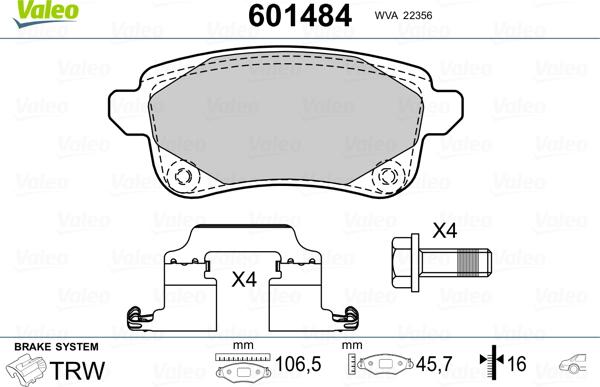 Valeo 601484 - Комплект спирачно феродо, дискови спирачки vvparts.bg