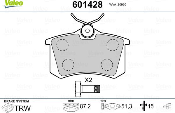 Valeo 601428 - Комплект спирачно феродо, дискови спирачки vvparts.bg