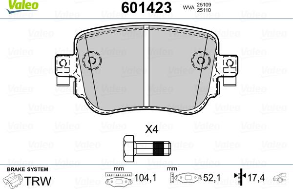 Valeo 601423 - Комплект спирачно феродо, дискови спирачки vvparts.bg