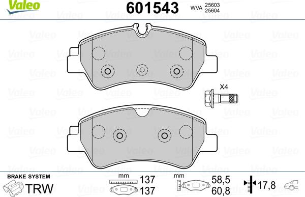 Valeo 601543 - Комплект спирачно феродо, дискови спирачки vvparts.bg