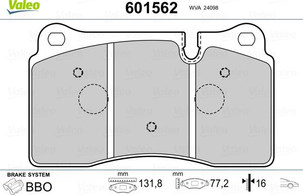 Valeo 601562 - Комплект спирачно феродо, дискови спирачки vvparts.bg