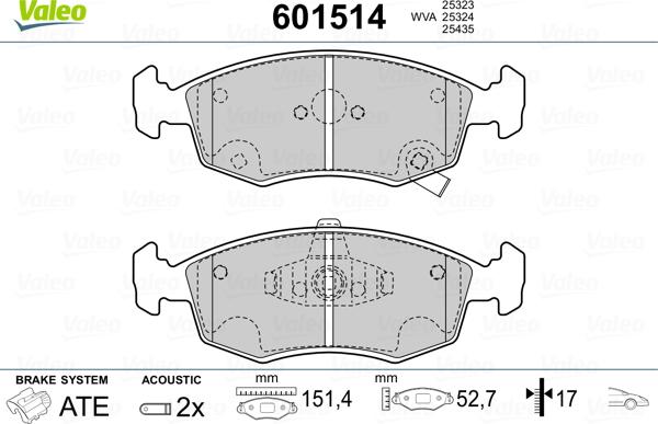 Valeo 601514 - Комплект спирачно феродо, дискови спирачки vvparts.bg