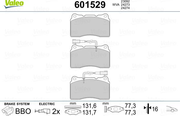 Valeo 601529 - Комплект спирачно феродо, дискови спирачки vvparts.bg