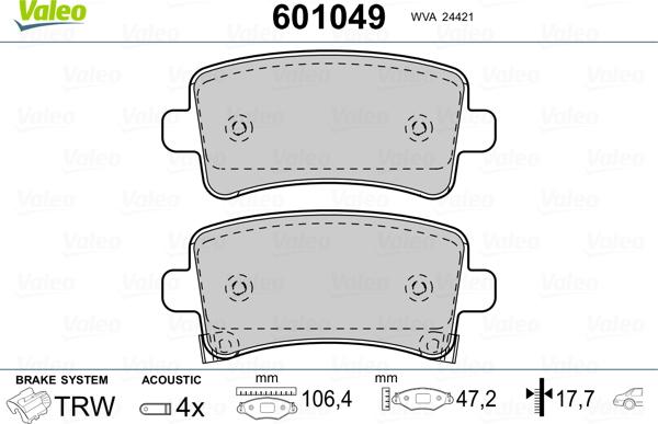 Valeo 601049 - Комплект спирачно феродо, дискови спирачки vvparts.bg