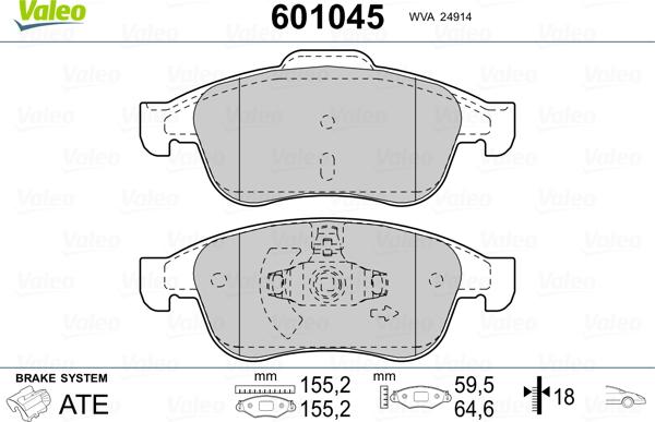 Valeo 601045 - Комплект спирачно феродо, дискови спирачки vvparts.bg