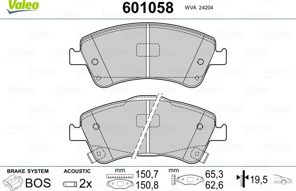 Valeo 601058 - Комплект спирачно феродо, дискови спирачки vvparts.bg