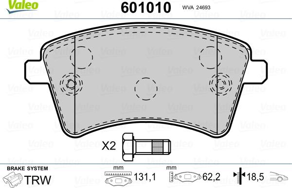 Valeo 601010 - Комплект спирачно феродо, дискови спирачки vvparts.bg