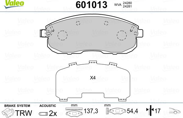 Valeo 601013 - Комплект спирачно феродо, дискови спирачки vvparts.bg