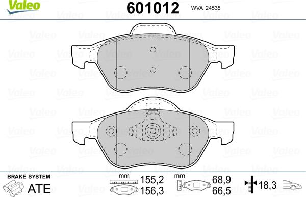 Valeo 601012 - Комплект спирачно феродо, дискови спирачки vvparts.bg