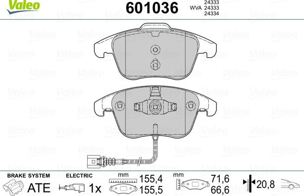 Valeo 601036 - Комплект спирачно феродо, дискови спирачки vvparts.bg