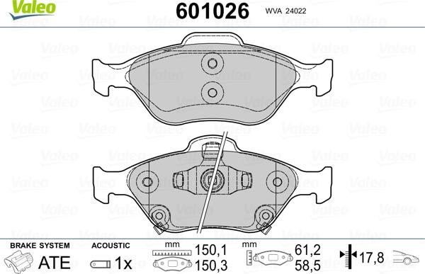 Valeo 601026 - Комплект спирачно феродо, дискови спирачки vvparts.bg