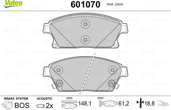 Valeo 601070 - Комплект спирачно феродо, дискови спирачки vvparts.bg