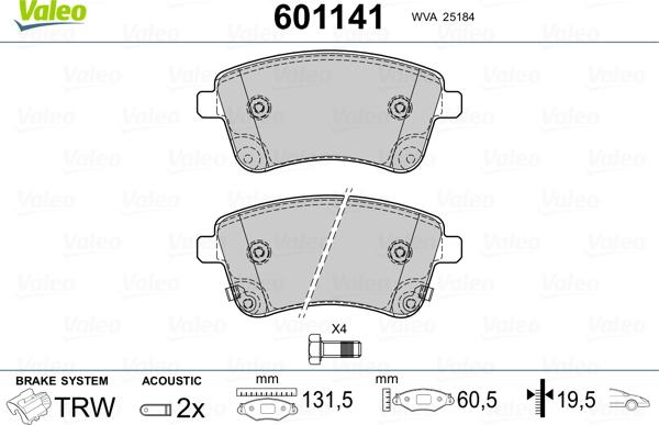 Valeo 601141 - Комплект спирачно феродо, дискови спирачки vvparts.bg