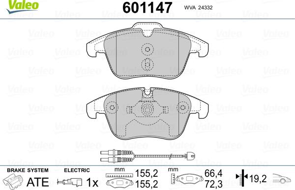 Valeo 601147 - Комплект спирачно феродо, дискови спирачки vvparts.bg