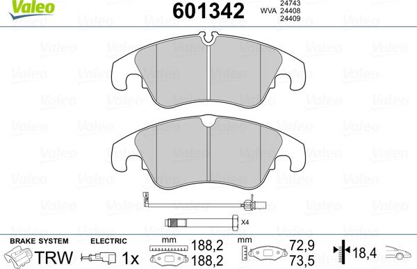 Valeo 601342 - Комплект спирачно феродо, дискови спирачки vvparts.bg