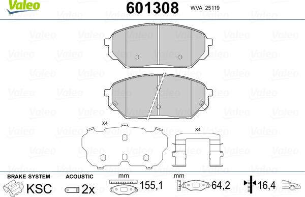 Valeo 601308 - Комплект спирачно феродо, дискови спирачки vvparts.bg