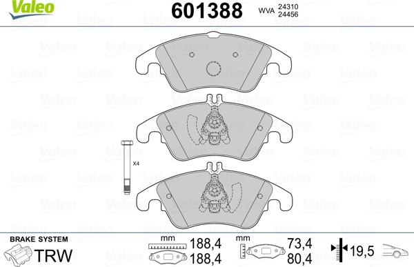 Valeo 601388 - Комплект спирачно феродо, дискови спирачки vvparts.bg