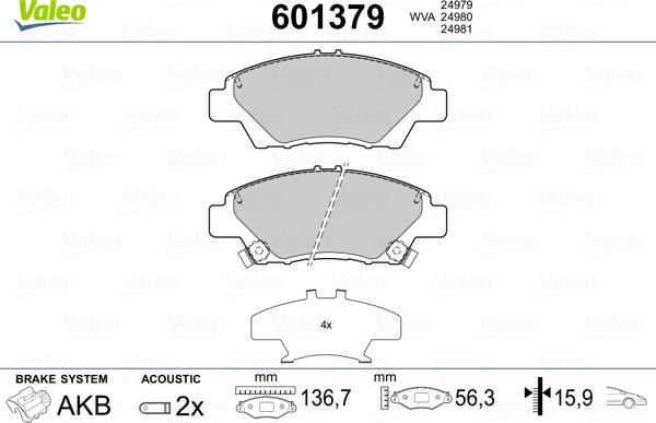 Valeo 601379 - Комплект спирачно феродо, дискови спирачки vvparts.bg