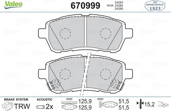 Valeo 670999 - Комплект спирачно феродо, дискови спирачки vvparts.bg