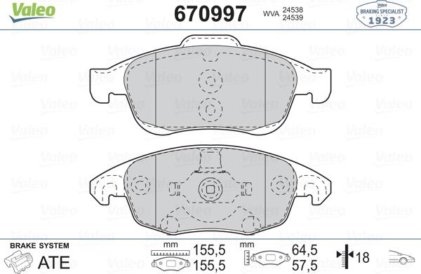 Valeo 670997 - Комплект спирачно феродо, дискови спирачки vvparts.bg