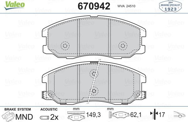 Valeo 670942 - Комплект спирачно феродо, дискови спирачки vvparts.bg