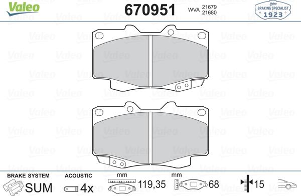 Valeo 670951 - Комплект спирачно феродо, дискови спирачки vvparts.bg