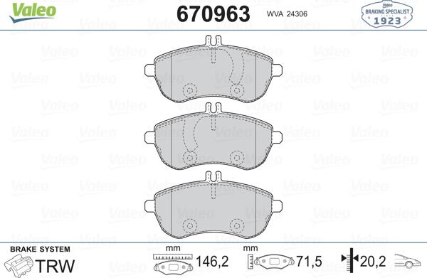 Valeo 670963 - Комплект спирачно феродо, дискови спирачки vvparts.bg