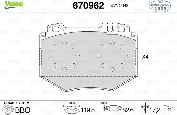 Valeo 670962 - Комплект спирачно феродо, дискови спирачки vvparts.bg